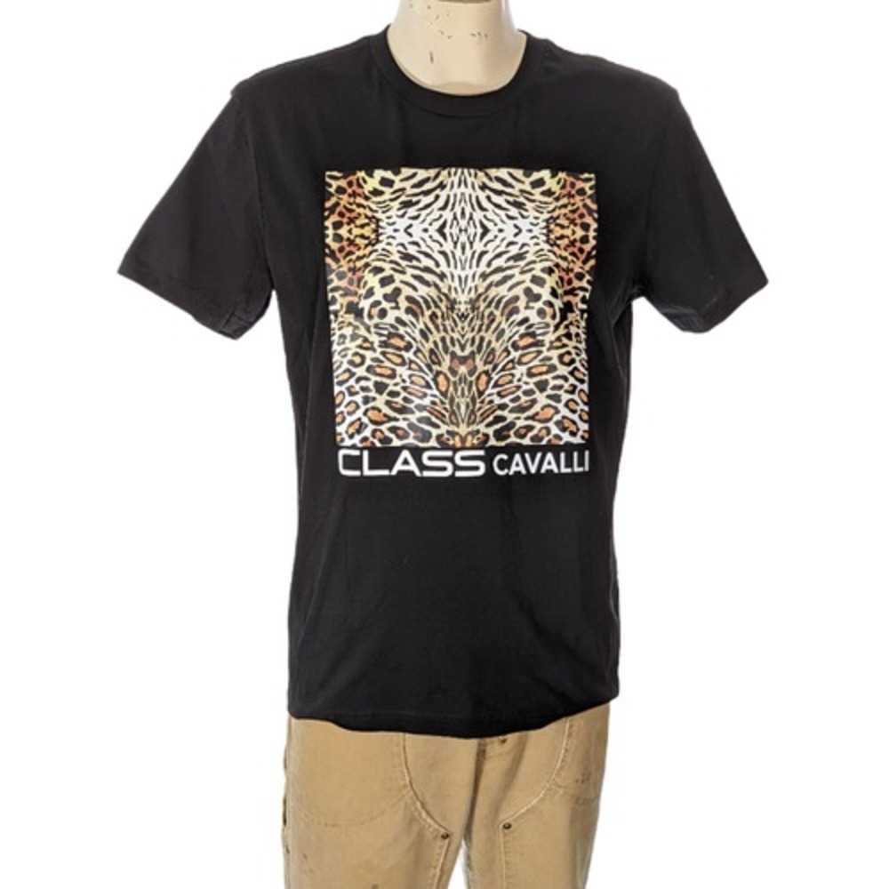Cavalli Class Men' Black Cotton Leopard Print Graphic T-Shirt Sz XL NWT